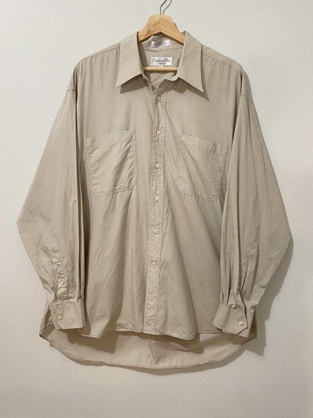 Vintage 90s Christian Dior Chemise Mens Button Up Shirt Beige Taupe Cotton XL